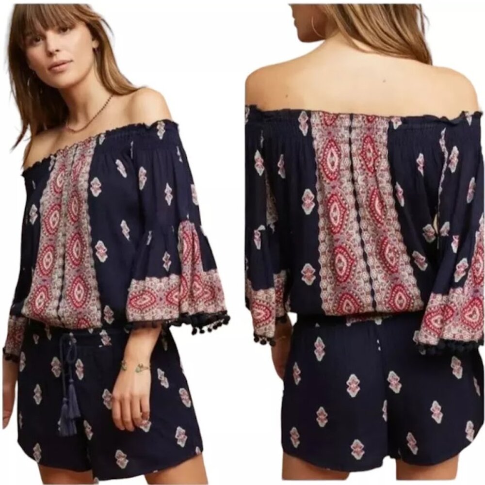 ANTHROPOLOGIE / LILKA Vada Romper, Dark Blue Red Paisley Boho Flowy Tassel, XS